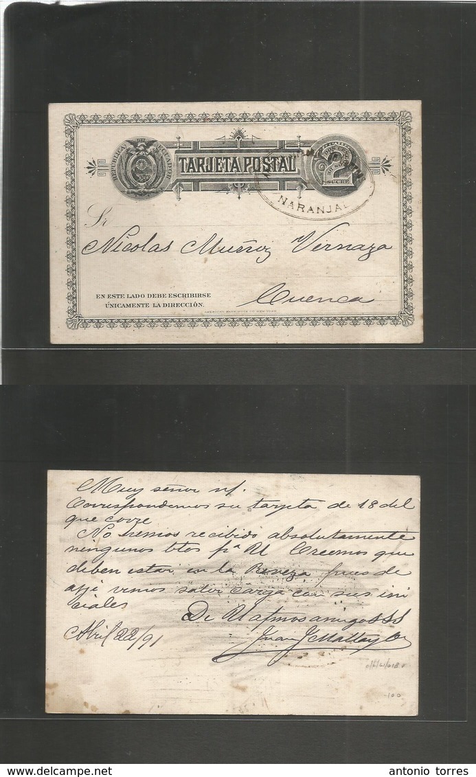Ecuador. 1891 (22 Abril) Naranjal - Cuenca. Entero Postal 2c. Negro Con Mat Oval Violeta. Muy Poco Uso De Esta Tarjeta Y - Ecuador