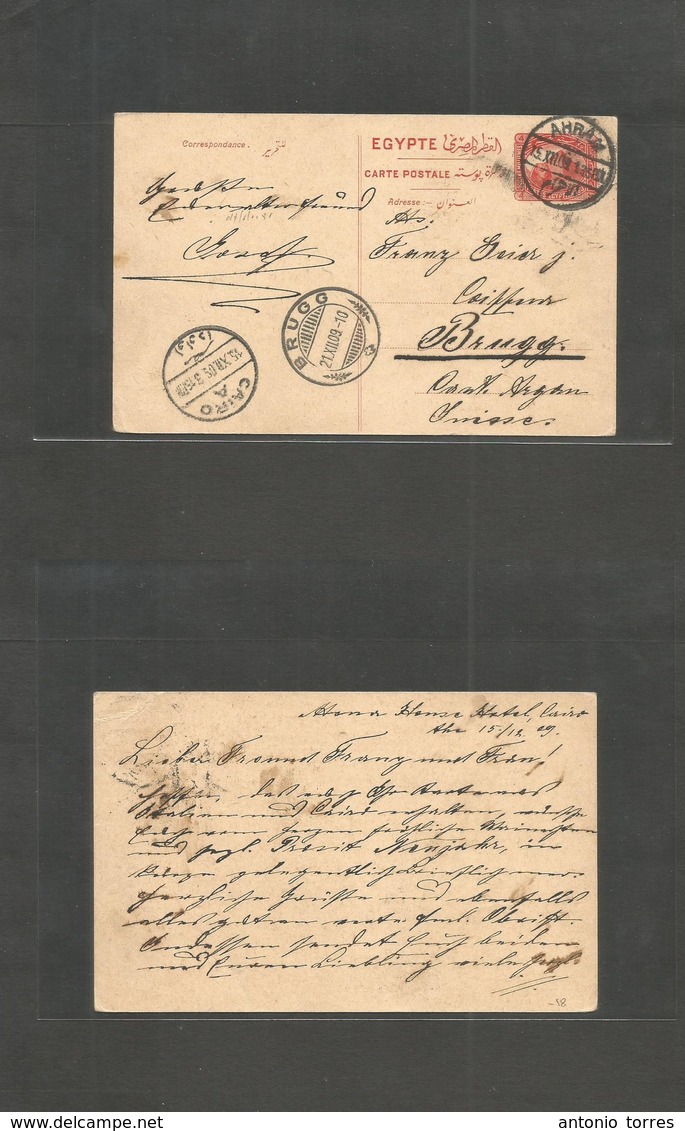 Egypt. 1909 (15 Dec) Ahram - Switzerland, Brugg (21 Oct) 4 Ms Red Stat Card. Transit + Arrival On Front. Fine. - Other & Unclassified