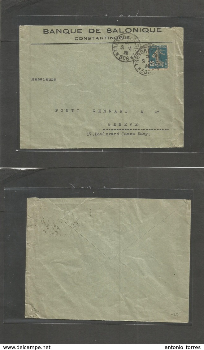 Egypt. 1920 (31 March) Constantinople - Switzerland, Geneve Fkd Env 25c Blue Semeuse, Tied "TP- 506" Fine. - Andere & Zonder Classificatie