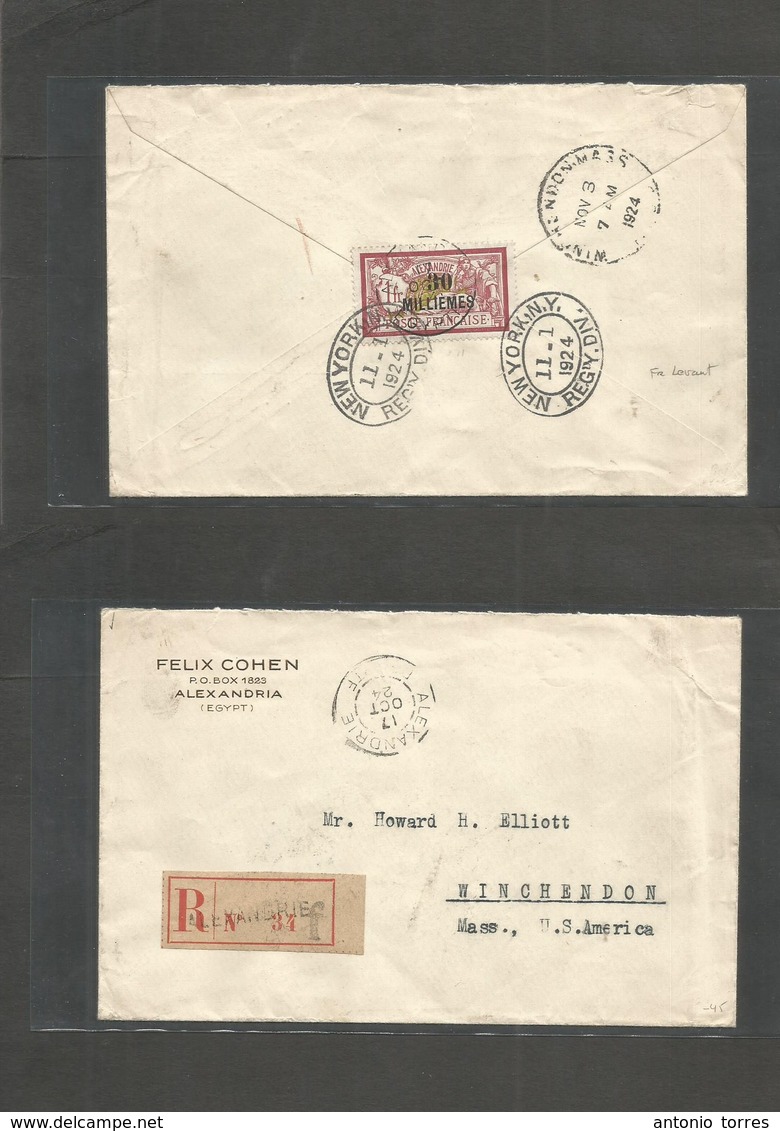 Egypt. 1924 (17 Oct) French PO / Levant, Alexandrie - USA, NYC (1 Nov) Registered Reverse Fkd Comercial Usage. Fine. - Sonstige & Ohne Zuordnung