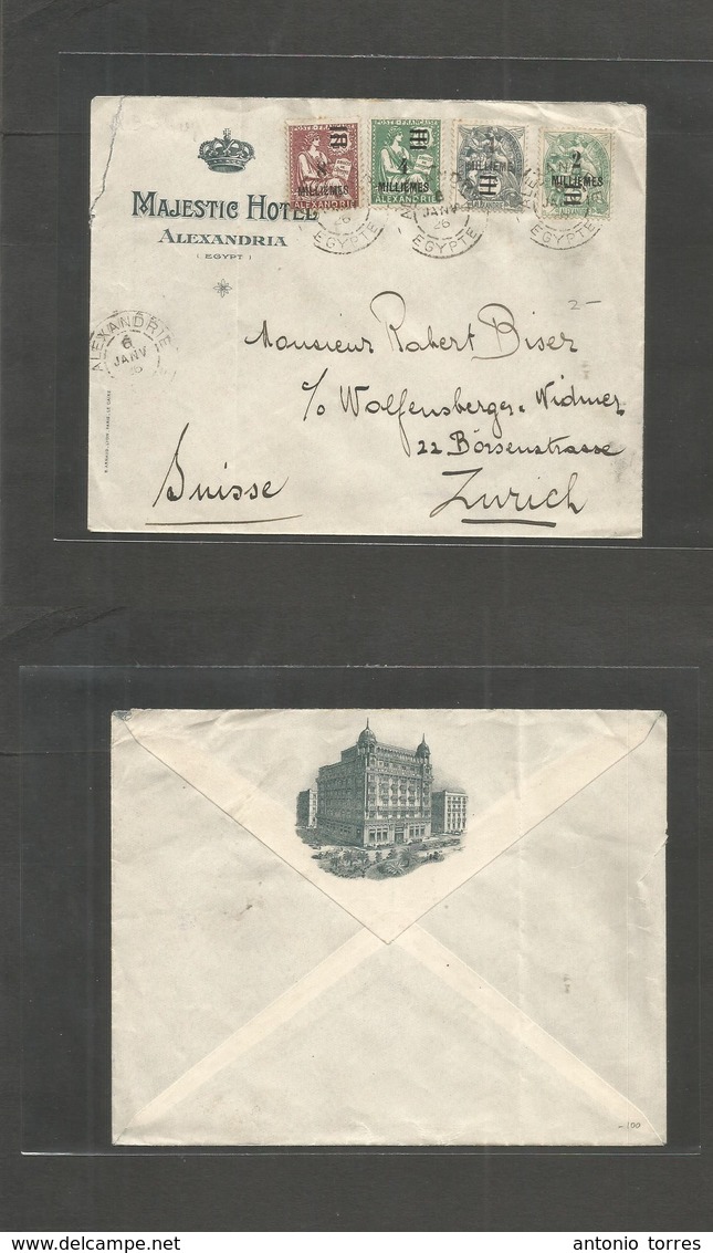 Egypt. 1926 (6 Jan) French PO. Aleandrie - Switzerland, Zurcih, Multifkd Ovptd Modified Currency Hotel Illustrated Envel - Other & Unclassified