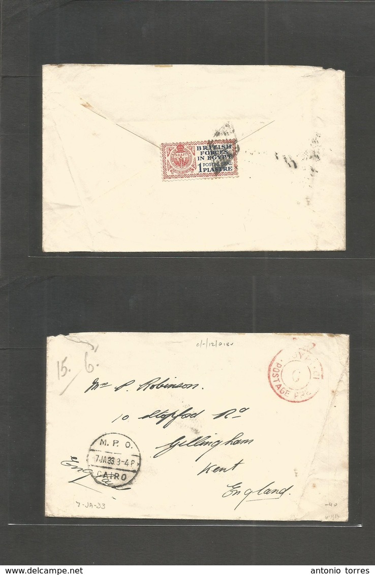 Egypt. 1933 (7 Jan) Cairo - England, Kent, Gillngham. Postage Paid 6 Red Crown Cachet, Reverse Fkd 1 Piastre Perf Bicola - Other & Unclassified