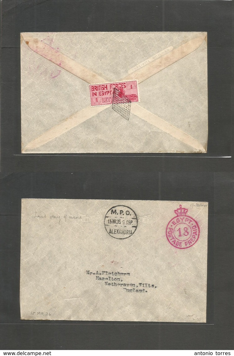 Egypt. 1936. Alexandria - England, Hazelton. Postage Paid 18 Crown Paid Red Cachet, Reverse Fkd 1 Piastre Red Perf Lette - Andere & Zonder Classificatie