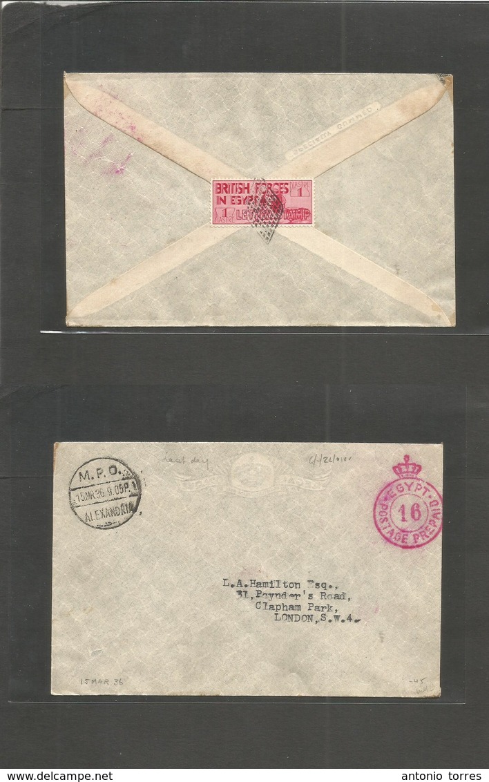 Egypt. 1936 (15 March) Alexandria - London, UK. British Forces In Egypt / 1 Piastre Red Letter Stamp Perf, Tied Romboid  - Other & Unclassified
