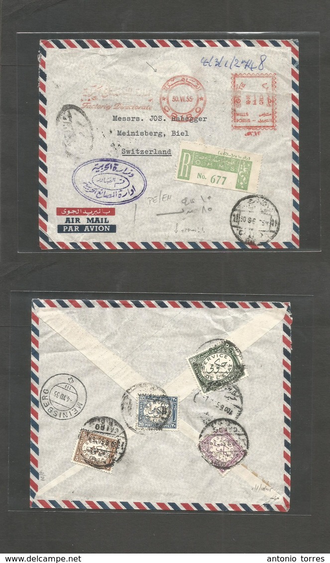 Egypt. 1955 (30 June) Cairo - Switzerland, Biel. Registered Official Machine Franked. OHMS Reverse Tied Stamps. VF. - Sonstige & Ohne Zuordnung
