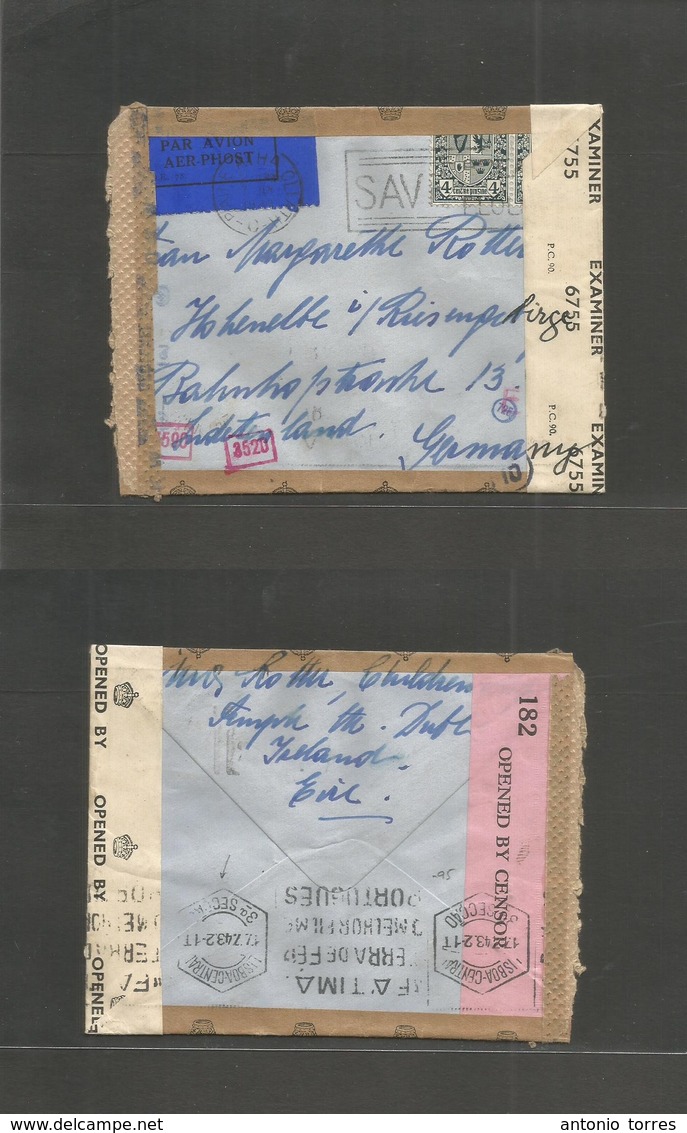 Eire. 1943 (June - July) Dublin - Germany, Sudetenland. Air Multifkd Env, Cuadruple Censored. Via Lisboa (17 July) VF +  - Used Stamps