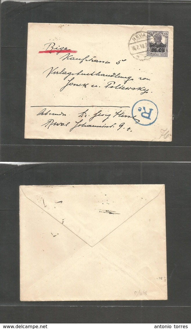 Estonia. 1918 (16 July) German Occup. Ovptd Germania Issue. Reval + Riga. Fkd Env + Control Cachet. - Estland