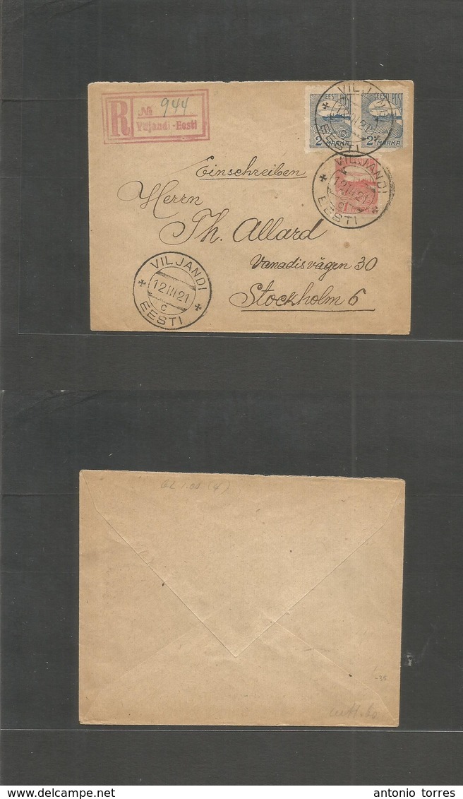 Estonia. 1921 (12 March) Viljandi - Sweden, Stockholm. Registered Multifkd Perforated Issue + Red R-cachets Tied Cds. Fi - Estland