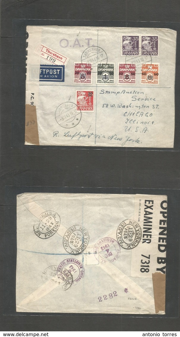 Faroe Isl.. 1943 (3 Jan) British Occupation Ovptd. Thorshavn - USA, Chicago Ill (29 Jan - 6 Feb). Registered Air Multifk - Faeroër