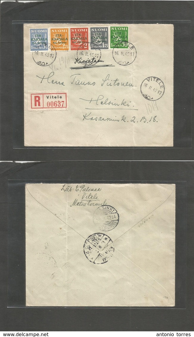 Finland. 1942 (16 Febr) Vitele - Helsinki (18 Feb) Ita - Karjala Ovptd Issue. Registered Multifkd Envelope. - Sonstige & Ohne Zuordnung