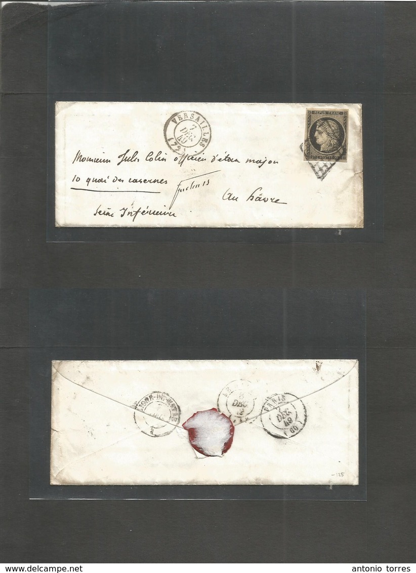 France. 1849 (7 Dec) Versailles - Havre (8 Dec) Small Envelope With Contains Fkd 20c Black (Yv. 1) Good Margins, Tied Gr - Other & Unclassified