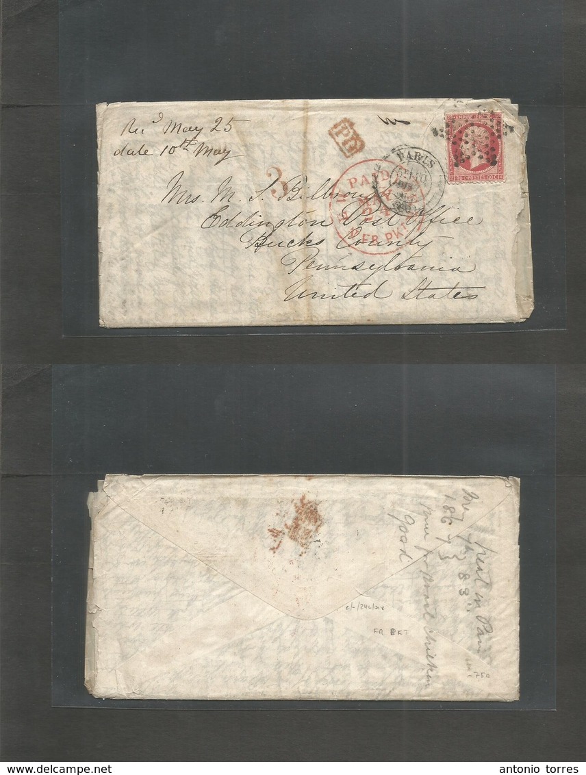 France. 1867 (10 May) Paris - USA, PA, Eddington, Bucks Cº. Fkd Env With Contains 80c Red Star Cancel, Via French Packet - Other & Unclassified