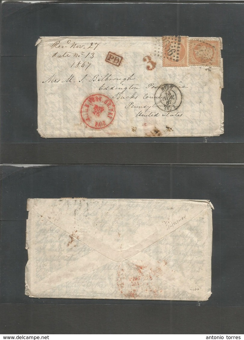 France. 1867 (13 Nov) Nice - USA, PA, Eddington. Fkd Env 40c (x2); 2656 Tied, With Contains. Via NY / Br. Pact / Nov 26  - Other & Unclassified