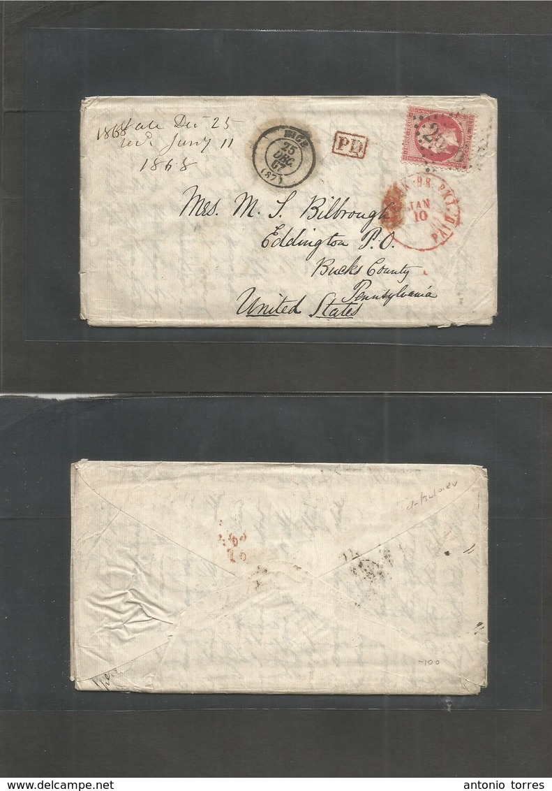 France. 1867 (25 Dec, Christmas Day) Nice - USA, Eddington, PA, Via NY / British Packet (Jan 10) Fkd Env 80c Red, Tied N - Other & Unclassified