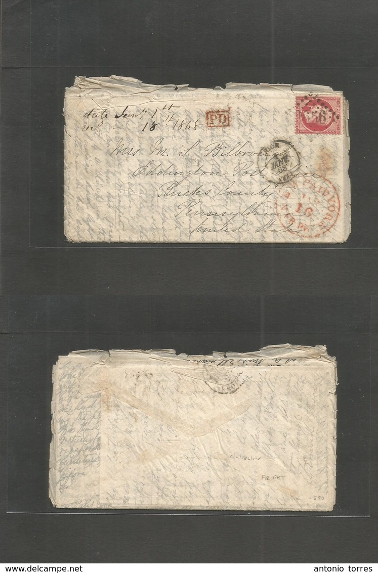 France. 1868 (1 Jan) Nice - USA, PA, Eddington, Bucks Co (18 Jan) Fkd Env With Contains 80c Red Tied Romboid Via "New Yo - Other & Unclassified