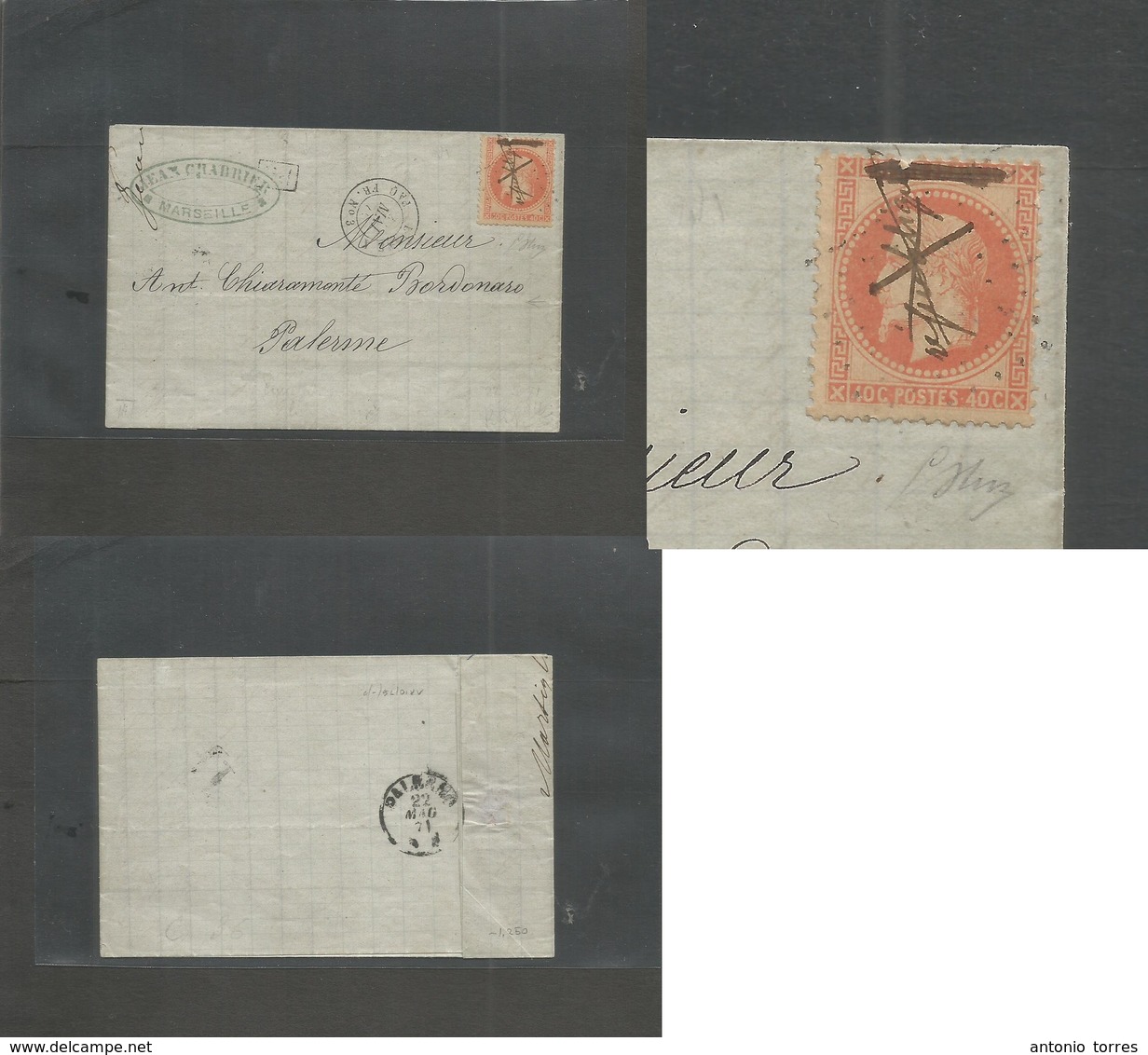 France. 1871 (19 May) Marseille - Palermo, Italy (22 May) 40c Orange Empire CROSS OUT + "REPUBLIQUE" Manuscript, Tied An - Sonstige & Ohne Zuordnung