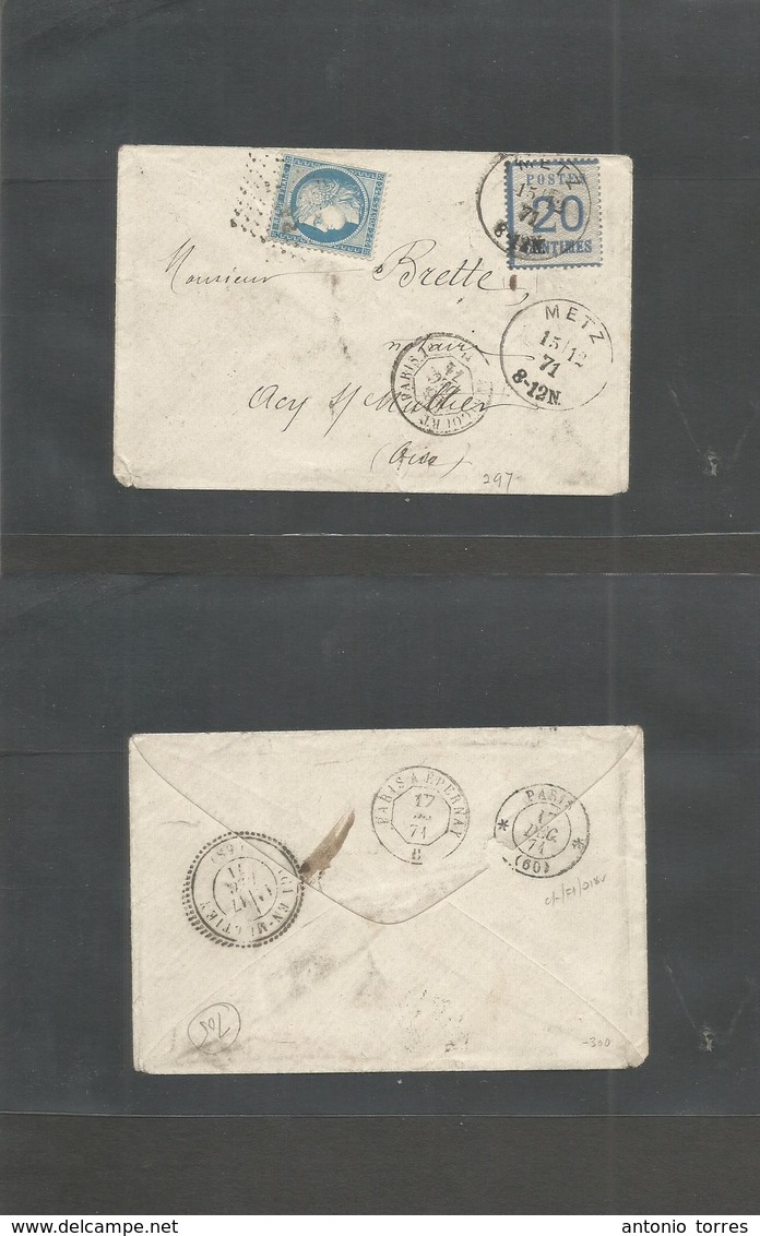 France. 1871 (15 Dic) ALSACE, Metz - Acy S/Mullier, Oise, France (17 Dic) Envelope Franked 25c Blue + 20c Blue Tied Romb - Other & Unclassified