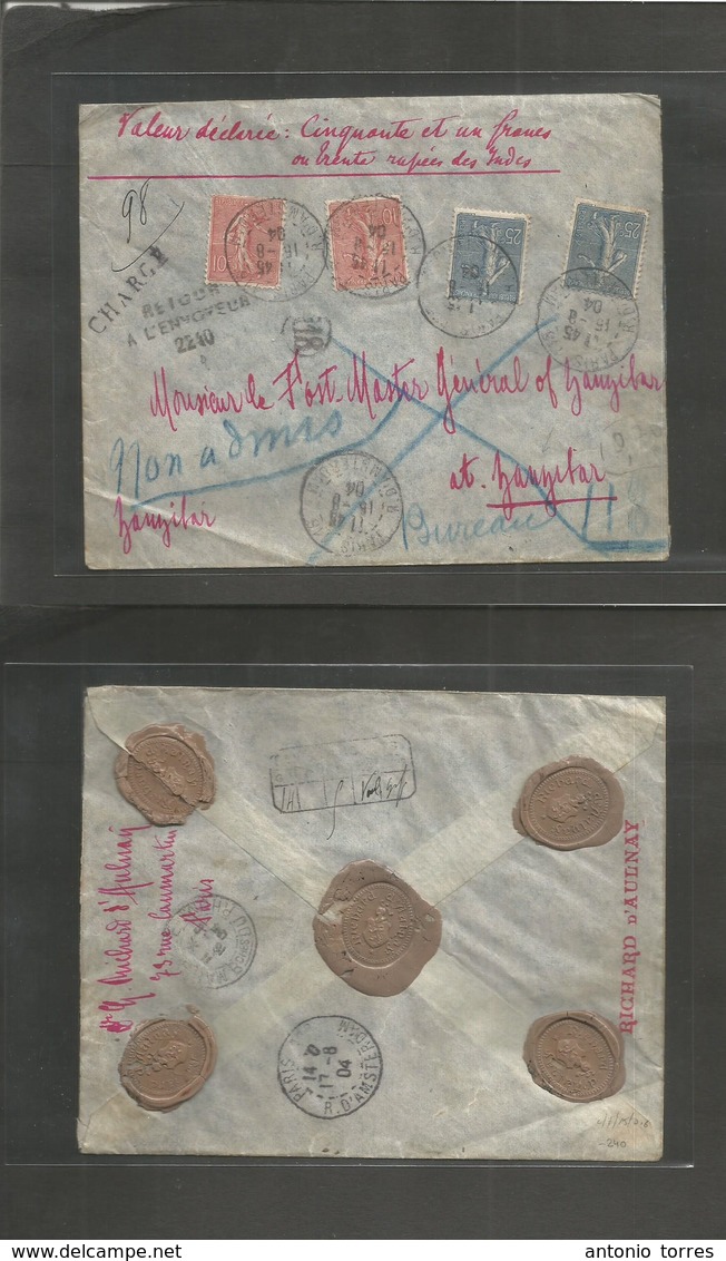 France - Xx. 1904 (15 Aug) Paris - Zanzibar. Registered Insured 51 Francos / 330 Rupees Value Multifkd Envelope. Semeuse - Other & Unclassified