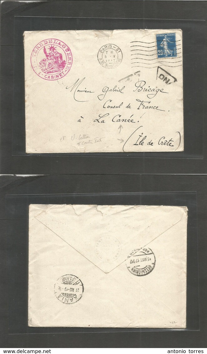 France - Xx. 1917 (5 April) Paris - Crete,La Canee (15-21 May). Official Fkd Semeuse + Taxed. Consular Mail. - Other & Unclassified