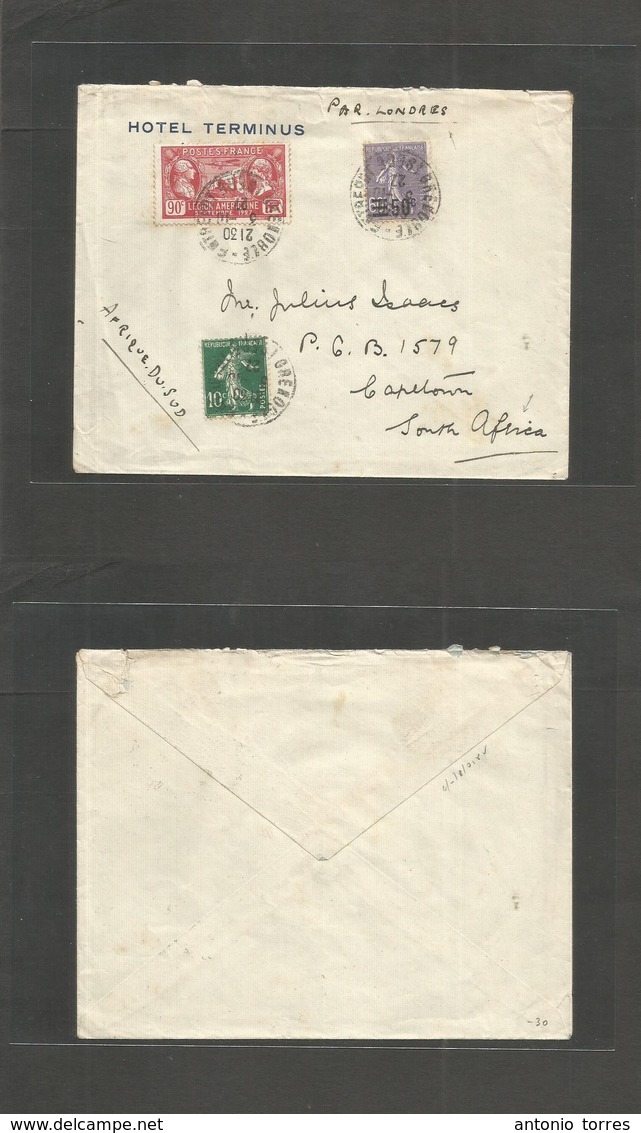 France - Xx. 1927 ( Oct) Grenoble - South Africa, Capetown Via London Semeuse Multifkd Env + American Legion Issue, Cds. - Other & Unclassified