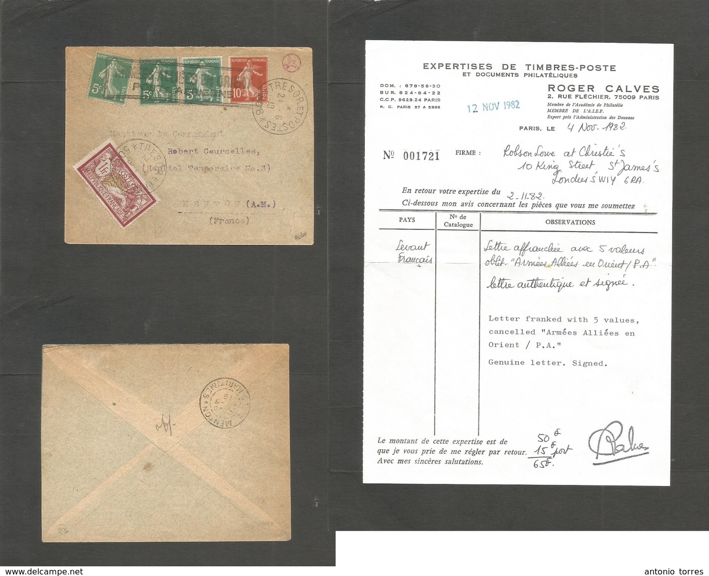 French Levant. 1919 (21 June) "Armee Allice En Ornent / Poste Arienne" Multifkd Semeuse Envelope To Menton, France "Tres - Andere & Zonder Classificatie