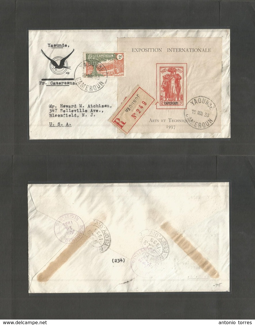 Frc - Cameroun. 1938 (18 May) Yaounde - USA, Bloomfield, NJ (13-14 June) Registered Air Multifkd Envelope Incl Min Sheet - Sonstige & Ohne Zuordnung
