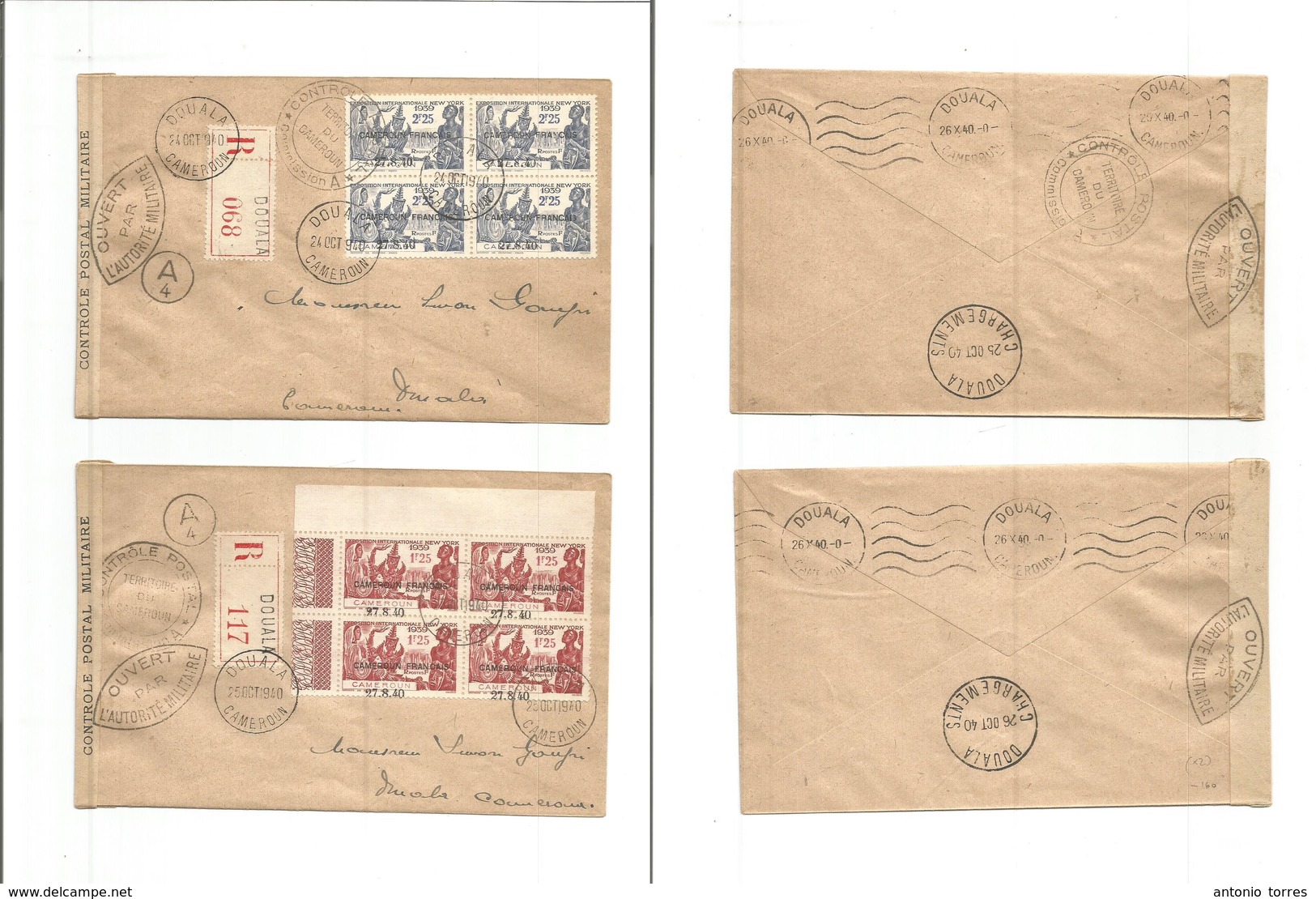 Frc - Cameroun. 1940 (24 Oct) 27.8.40. Double Local Registered Usage. 2 Censor Multifkd Envelopes With Blocks Of Four Of - Sonstige & Ohne Zuordnung