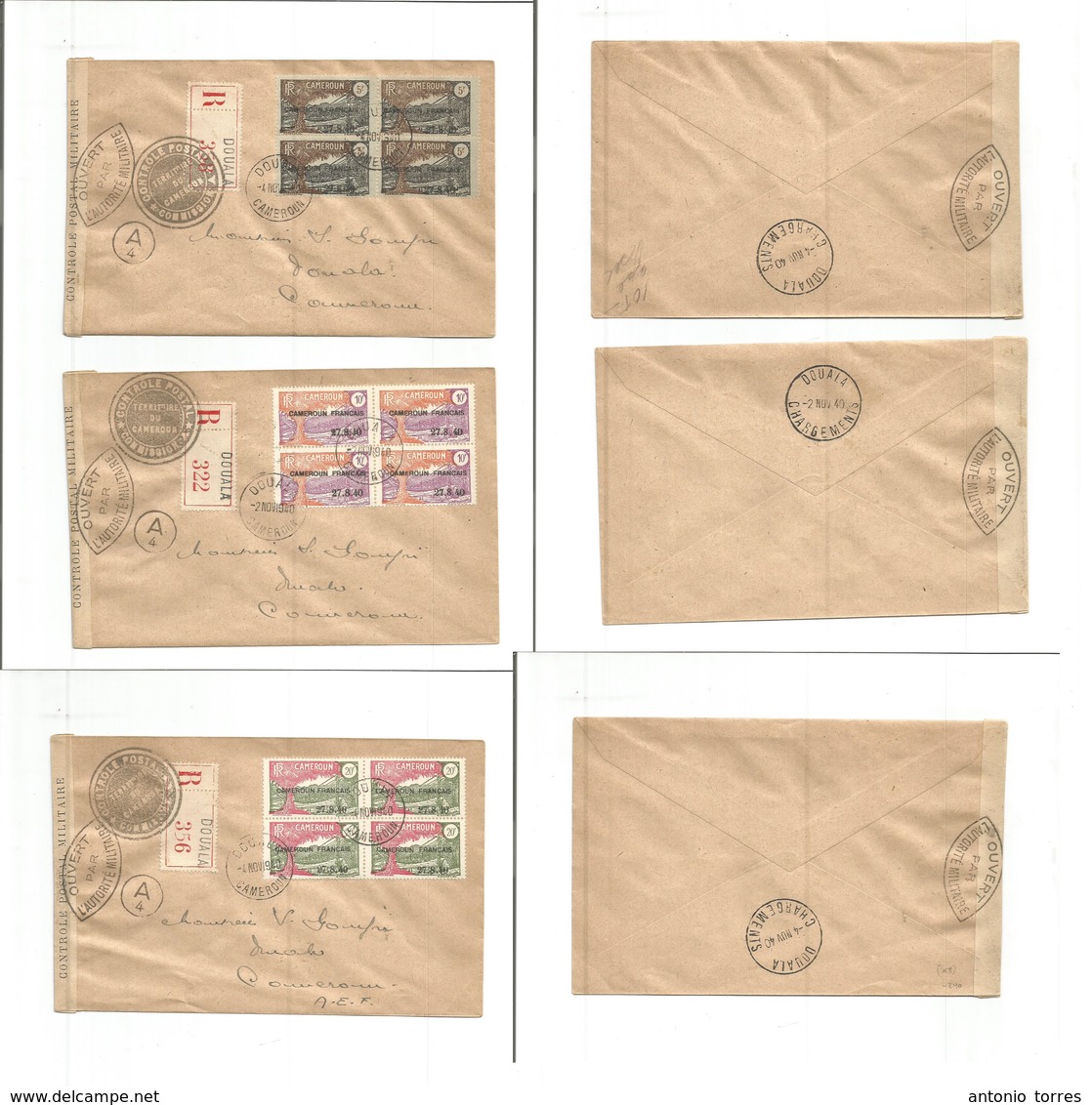 FRC - Cameroun. 1940 (4 Nov) 27.8.40. Douala Registered  Label  Usages. 3 Diff Multifkd Envelopes Locally Censored Label - Andere & Zonder Classificatie