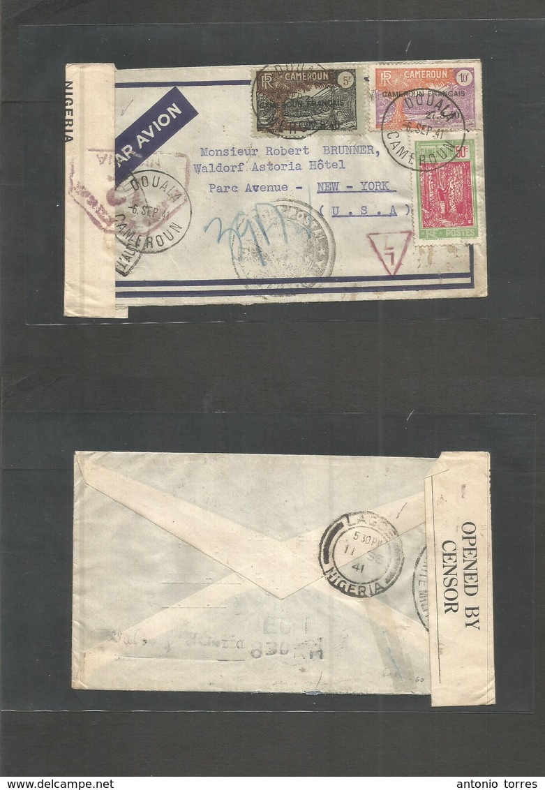 Frc - Cameroun. 1941 (6 Sept) Douale - USA, NYC, Ovptd Issue Air Multifkd Envelope. Comercial Via Lagos, Nigeria (11 Sep - Other & Unclassified
