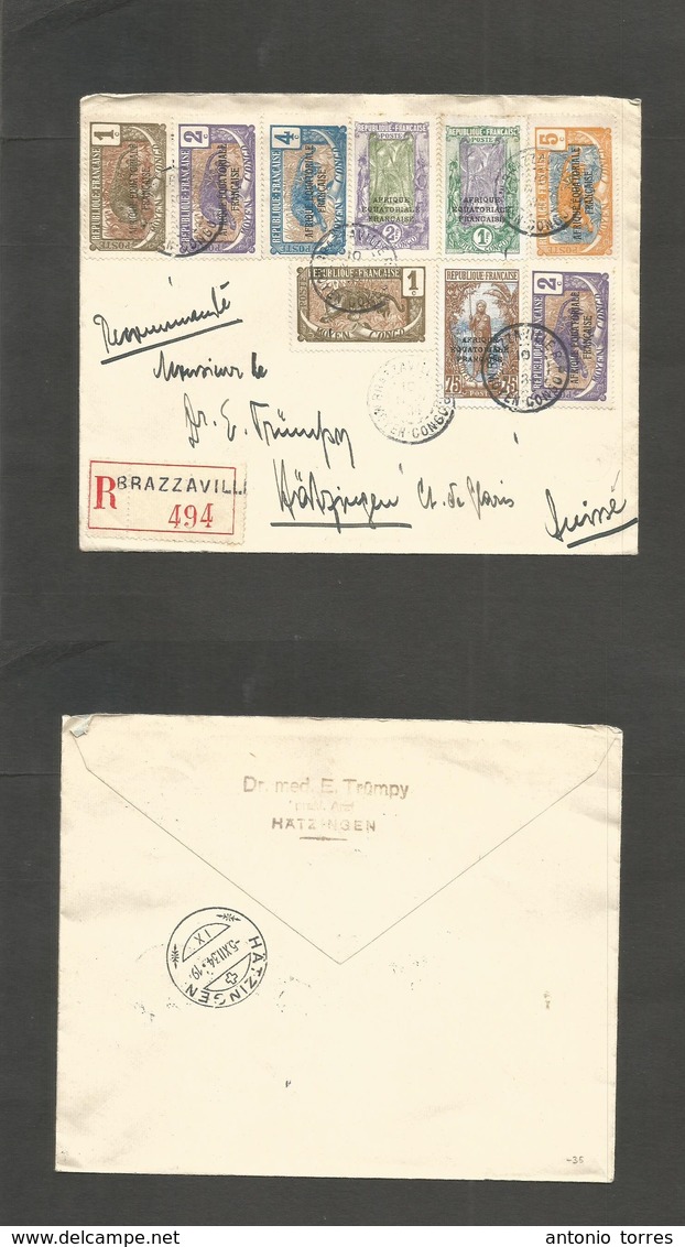 Frc - Congo. 1934 (10 Nov) AEF, Brazzaville - Switzerland, Hatzingen (5 Dec) Registered Multifkd Envelope. Nice Item Wit - Andere & Zonder Classificatie