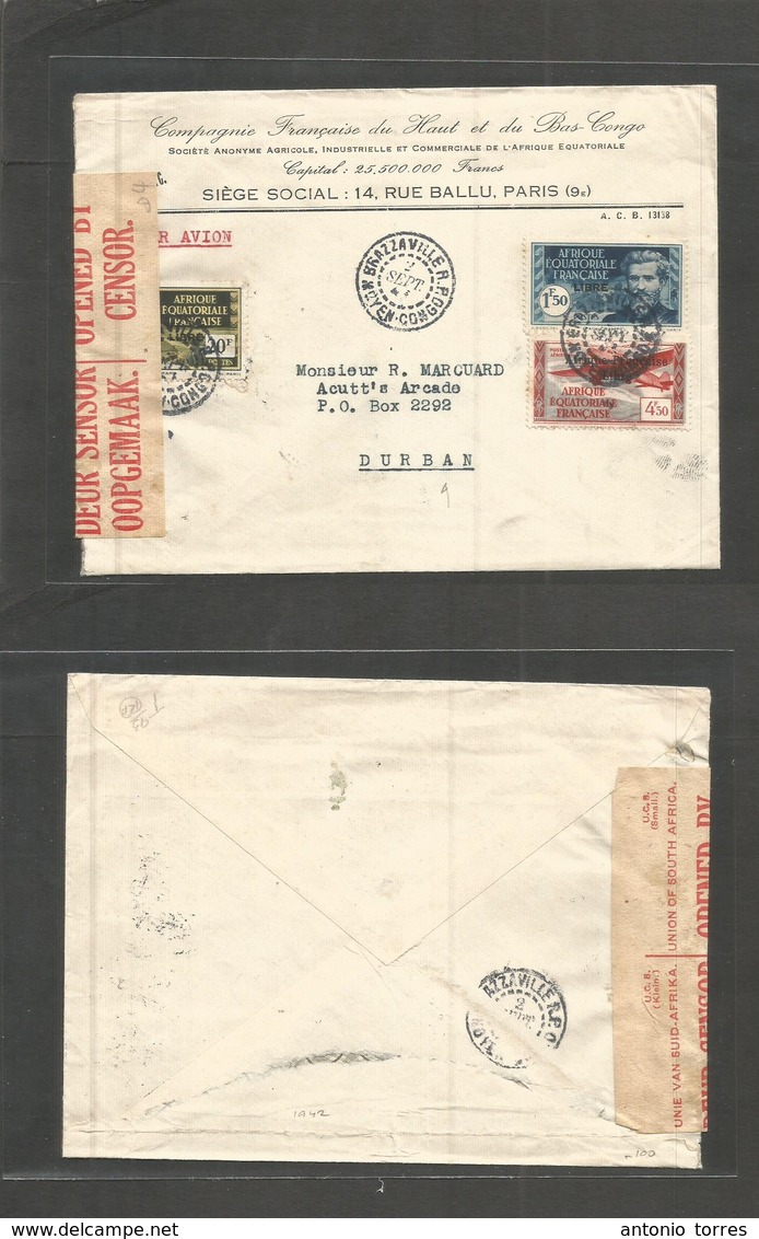 Frc - Congo. 1942 (2 Sept) AEF (FRANCE) LIBRE. Brazzaville - South Africa, Durban Airmail Multifkd Ovptd Issue + Censore - Sonstige & Ohne Zuordnung