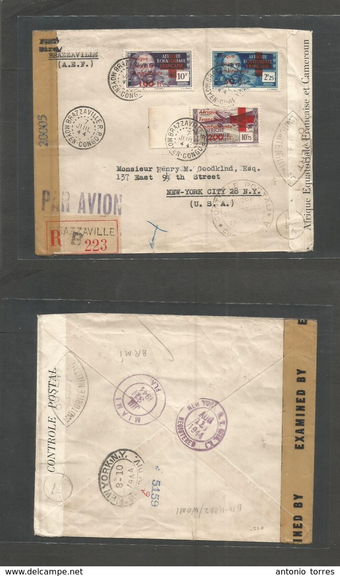 Frc - Congo. 1944 (7 July) AEF. Red Cross Issue. Brazzaville - USA, NYC (11 Aug) Registered Air Multifkd Env Via Miami ( - Andere & Zonder Classificatie