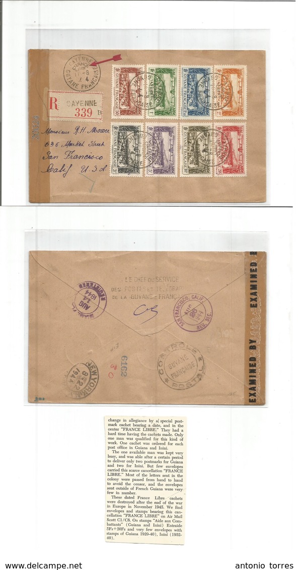 Frc - Guiana. 1944 (11 Aug) FRANCE LIBRE. Cayenne - USA, CA, San Francisco (26 Aug) Via Miami - NY. Registered Multifkd  - Sonstige & Ohne Zuordnung
