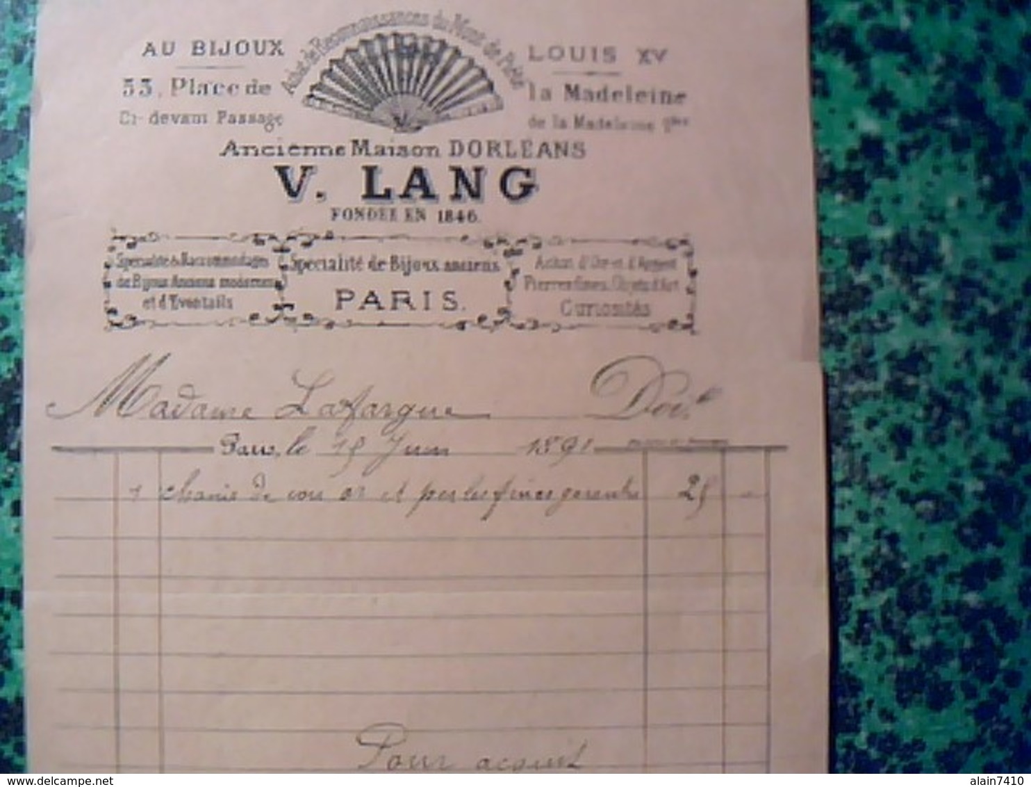 Facture Facturette V.Lang Bijoux Anciens Paris Place De La Madeleine Annee 1891 Fiscal De 10ct - Covers & Documents