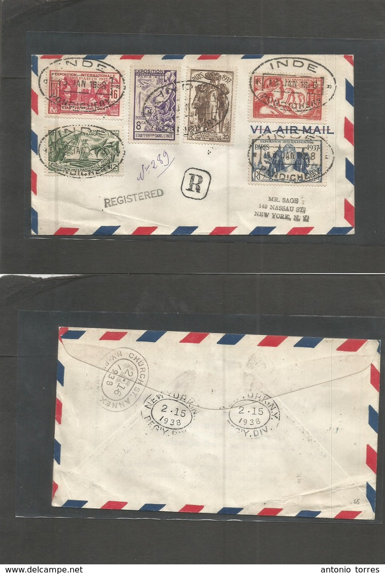 Frc - India. 1938 (19 Jan) Pondichery - USA, NYC (15 Feb) Registed Air Multifkd Envelope, Oval Cachet + Arrival. Paris 1 - Andere & Zonder Classificatie