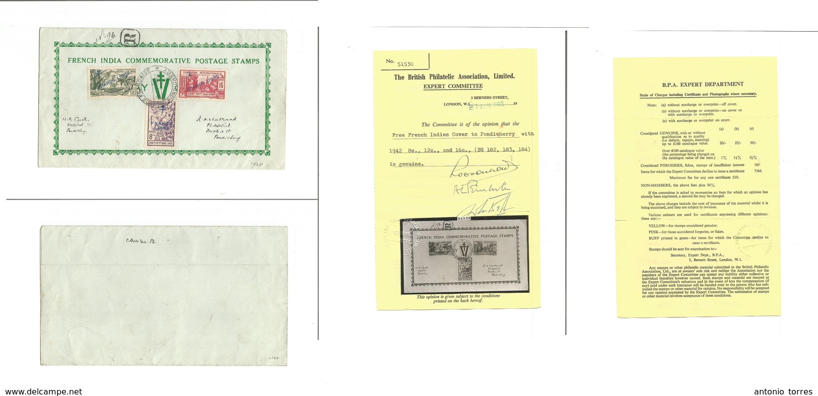 Frc - India. 1942 (3 Oct) France Libre. Hand Blue Over Print. Registered Local Pomdichey Usage. With BPA Certificate. Su - Andere & Zonder Classificatie