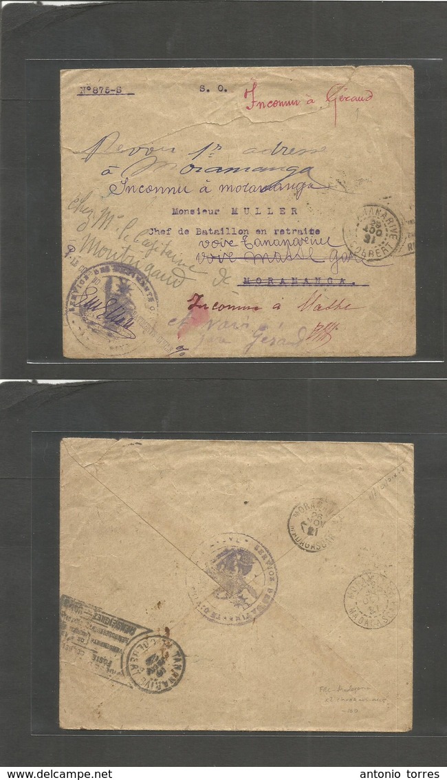 Frc - Madagascar. 1921 (29 Oct) Tanamarive - Moramanga - Garaud, Madhe. Official Mail Fwded Multifkd Local Envelope With - Andere & Zonder Classificatie