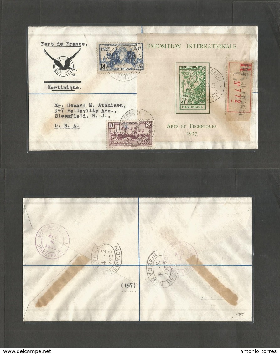Frc - Martinique. 1938 (22 March) Fort De France - USA, Bloomfield, NJ (2-4 April) Registered Multifkd Envelope + Arriva - Andere & Zonder Classificatie