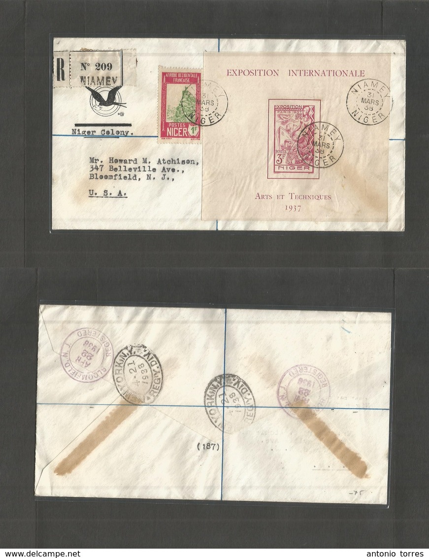 Frc - Niger. 1938 (31 March) Niamey - USA, Bloomfield, NJ. Registered Air Multifkd Envelope Incl Min Sheet (21-22 April) - Andere & Zonder Classificatie