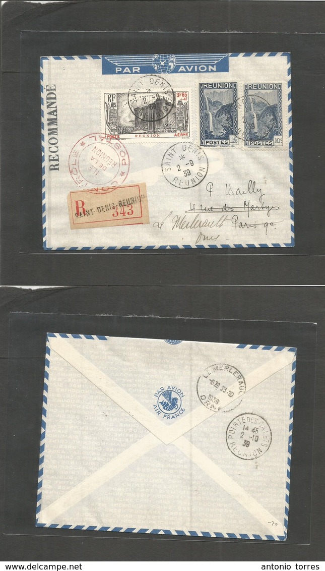 Frc - Reunion. 1939 (2 Sept) Saint Denis - France, Paris (23 Oct) Registered Airmail Multifkd Mixed Issues + R-label, Al - Sonstige & Ohne Zuordnung