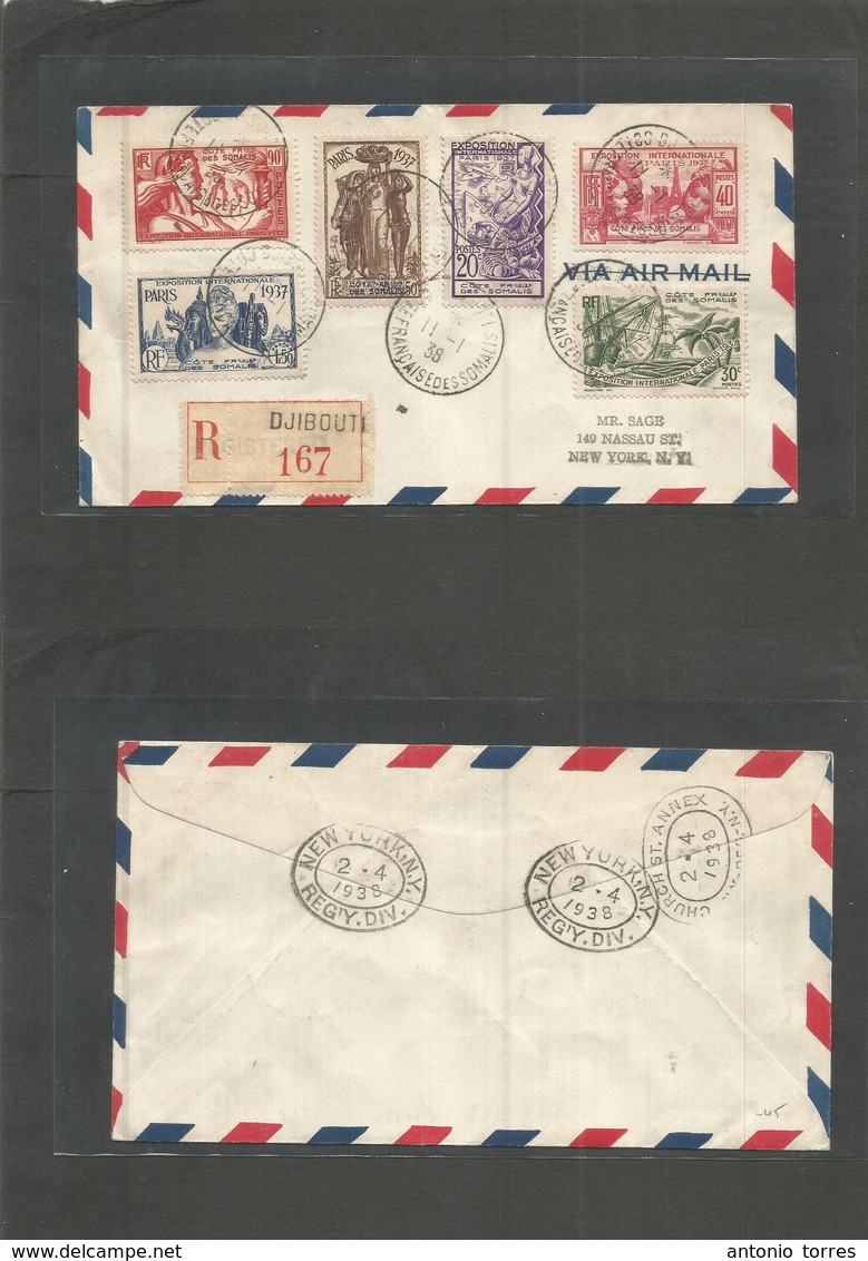 Frc - Somali Coast. 1938 (11 Jan) Djibouti - USA, NYC (4 Feb) 1937 Paris Expo Issue. Registered Air Multifkd Envelope. F - Andere & Zonder Classificatie