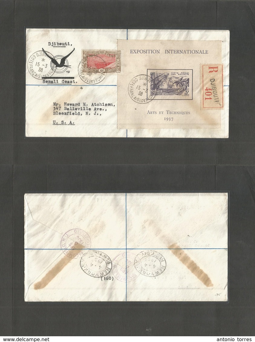 Frc - Somali Coast. 1938 (15 March) Djibouti - USA, Bloomfield, NJ (4-5 April) Registered Air Multifkd Envelope Incl Min - Andere & Zonder Classificatie