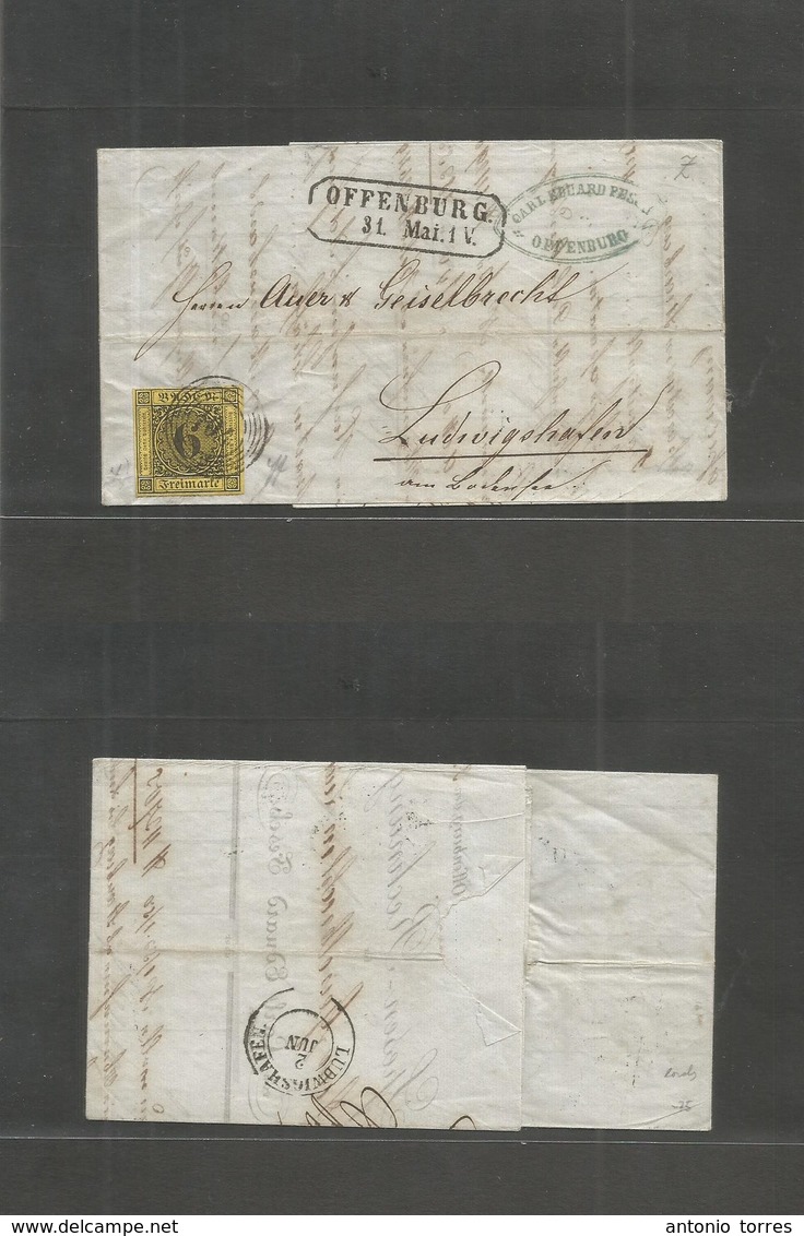 German States-Baden. 1856 (31 May) Offenburg - Ludwigshafen (2 June) EL Fkd 6kr Black / Yellow Superb Margins, Tied "104 - Sonstige & Ohne Zuordnung