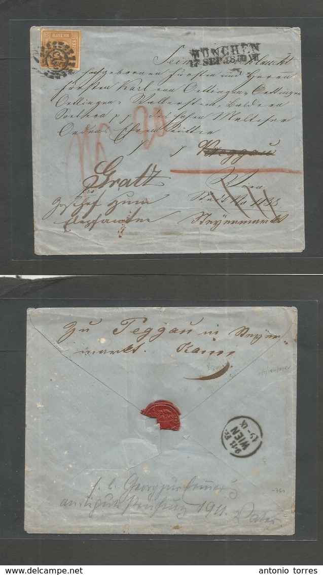 German States-Bayern. 1860 (17 Sept) Munich - Austria, Gratz. Via Wien (11 Sept) Fkd Envelope Single 18 Kr Yellow Orange - Sonstige & Ohne Zuordnung