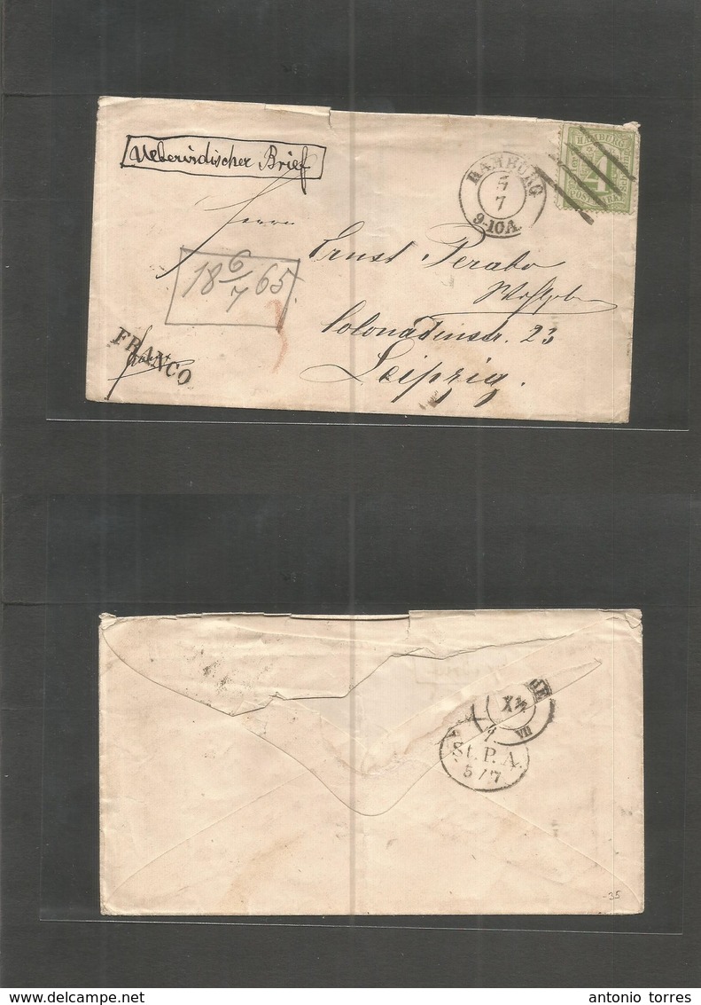 German States-Hamburg. 1865 (5 July) Hamburg - Leipzig. Fkd Envelope 4sh Green Perf, Tied Hars + Cds Alongside + Franco. - Autres & Non Classés