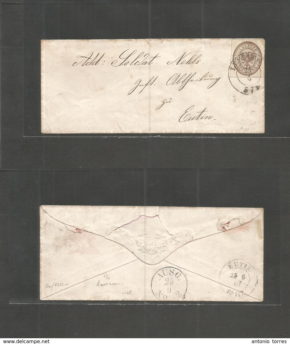 German States - Lubeck. 1867 (21 June) Lubeck - Eutin (25 June) Small Envelope Fkd 1 1/4 Dark Brown (Sc. 13) Good Margin - Andere & Zonder Classificatie