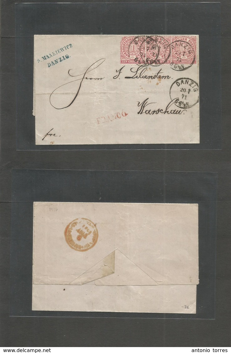 German States-N.G.Conf.. 1871 (20 July) Forerunner. Danzig - Poland, Warsaw. Arrival Cachet. EL Fkd 1gr Red Strip Of Thr - Sonstige & Ohne Zuordnung