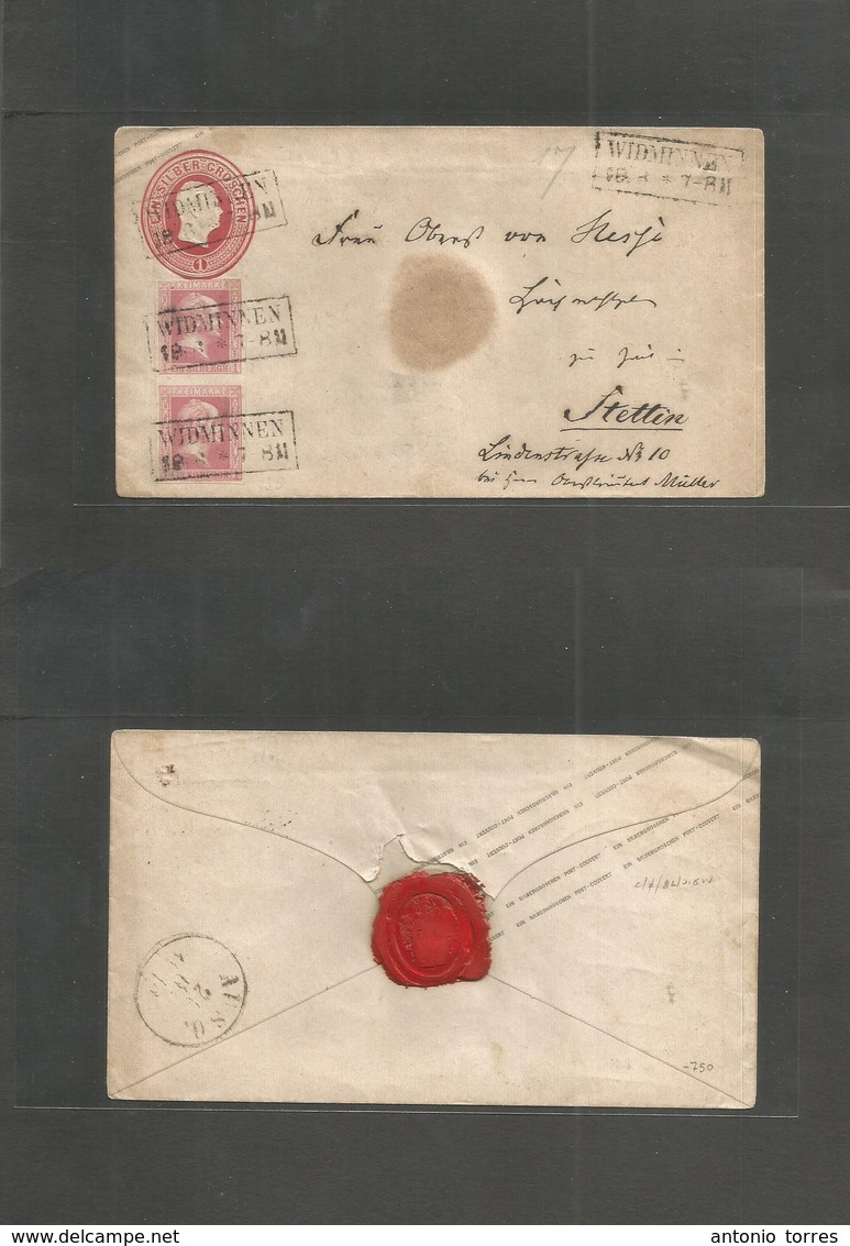 German States-Prusia. C. 1863 (18 June) Widminnen - Stettin (21 Aug) 1 Groschen Red Stationery Envelope + 1gr Rose Vert  - Sonstige & Ohne Zuordnung