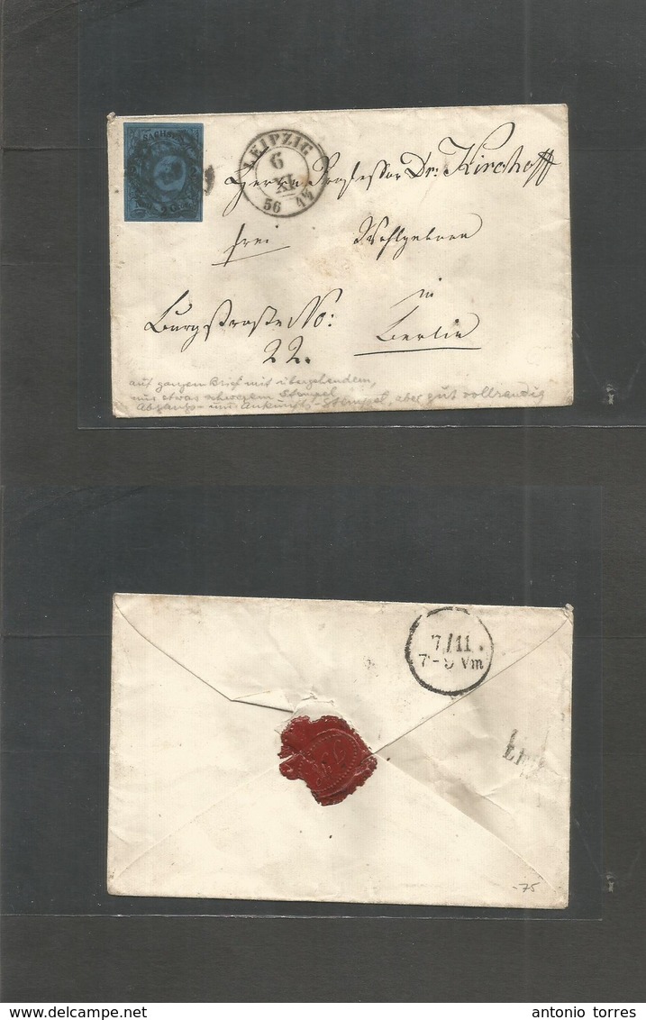 German States-Saxony. 1856 (6 Nov) Leipzig - Lennlin (7 Nov) Fkd Env. 2gr Black / Blue, Tied Grill, Cds Alongside + Arri - Andere & Zonder Classificatie