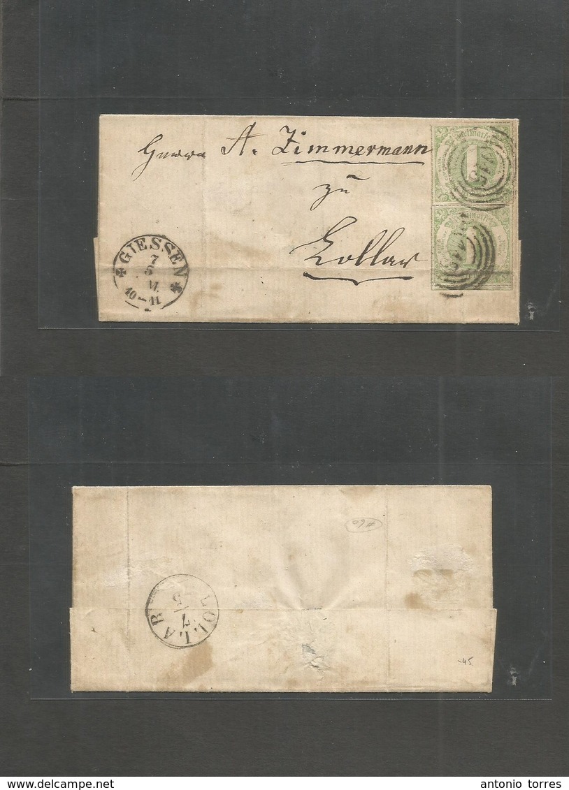 German States-T&t. C. 1867 (7 May) Giessen - Lollar. E Fkd 1 Kr Light Green Next Pair Color Perces, Tied "115" Rings (Mi - Andere & Zonder Classificatie
